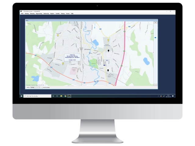 Kartvy som visar realtidspositionering av åkeriets transportuppdrag, fordonsflotta och containers.