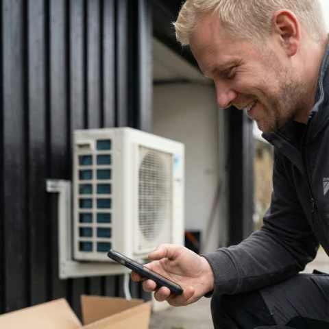 Installatör som kollar lagersaldo i ScanEasy WMS via mobilen